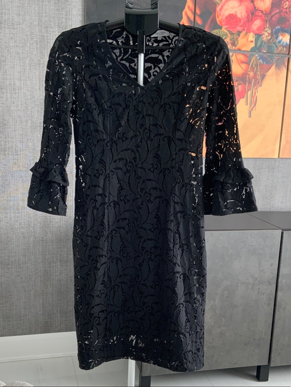 Part Two Black Lace Midi Dress with Ruffle Sleeves 36